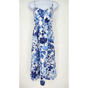 Bright Blue Floral Linen Blend Midi Dress Womens Medium Cottage Garden Party
